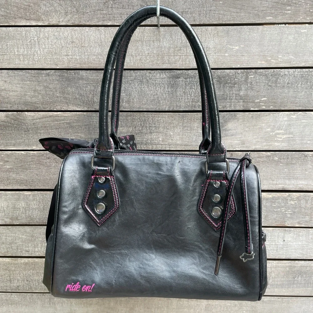 Vintage Fox Racing Purse 90s Black Pink Embroidered Satchel Bag Y2K Punk Bow